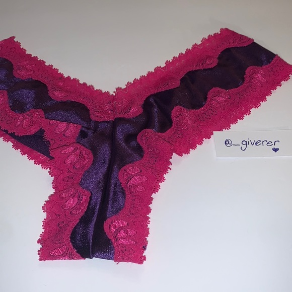S Pink / Purple Satin Tanga Lace Thong - Picture 4 of 8